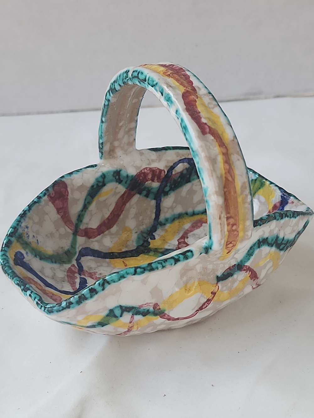 Vintage MCM Italian Art Pottery Mini Trinket Basket Dish Multi-Colour Wavy Line